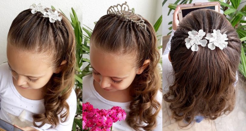 Penteado Infantil para formatura cabelo semi preso com cachos